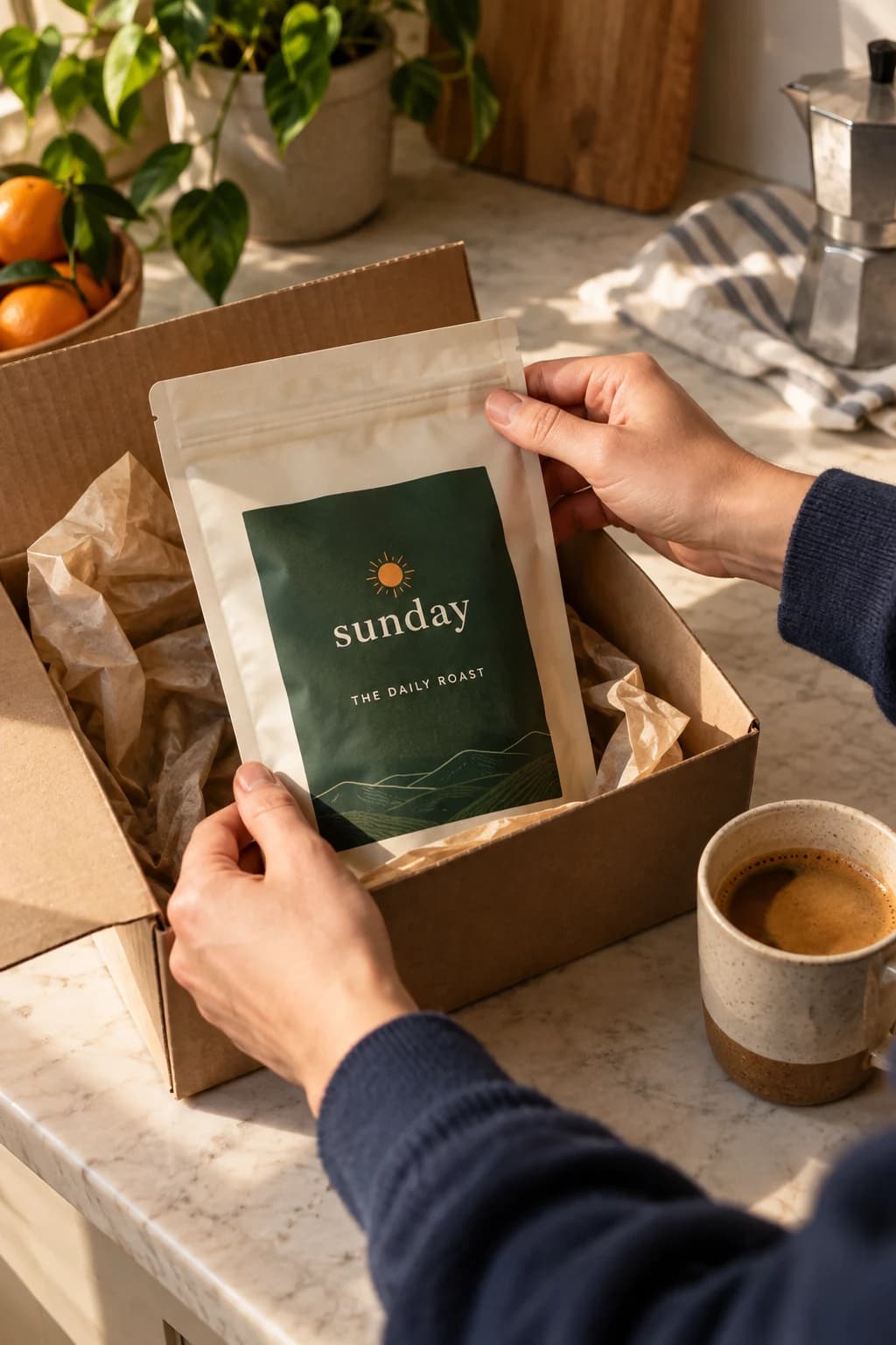 Hands opening a Sunday coffee delivery at home, with the Daily Roast bag and a mug beside the parcel
