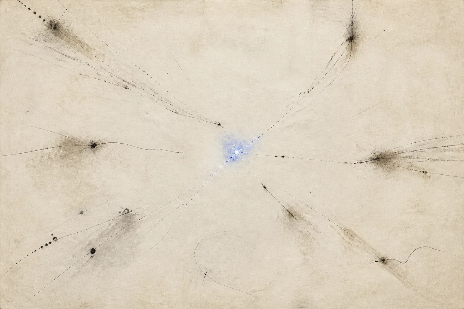 Sparse charcoal signals converge on a small blue-white point on handmade paper.