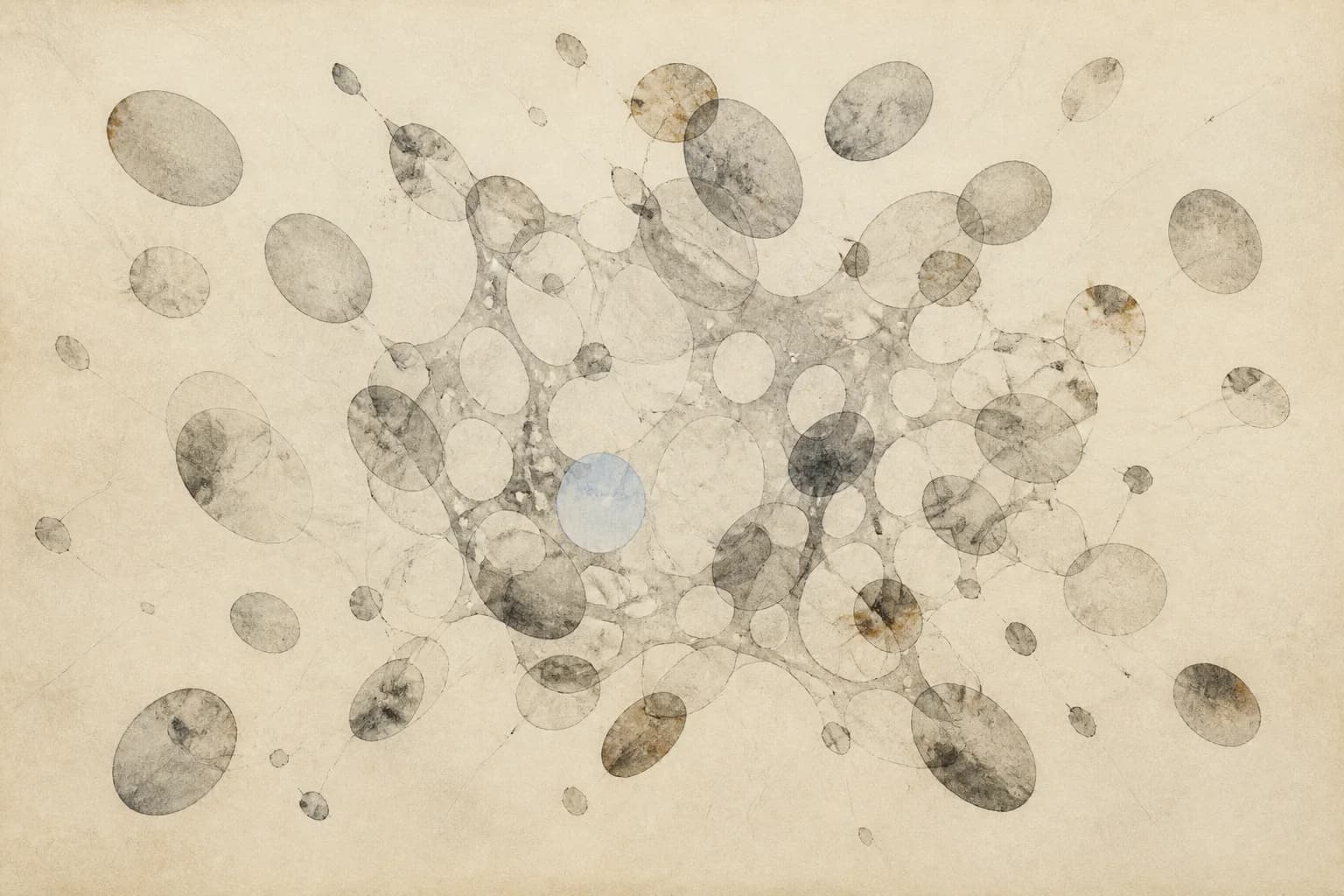 Translucent graphite ovals gather into a porous shared membrane.