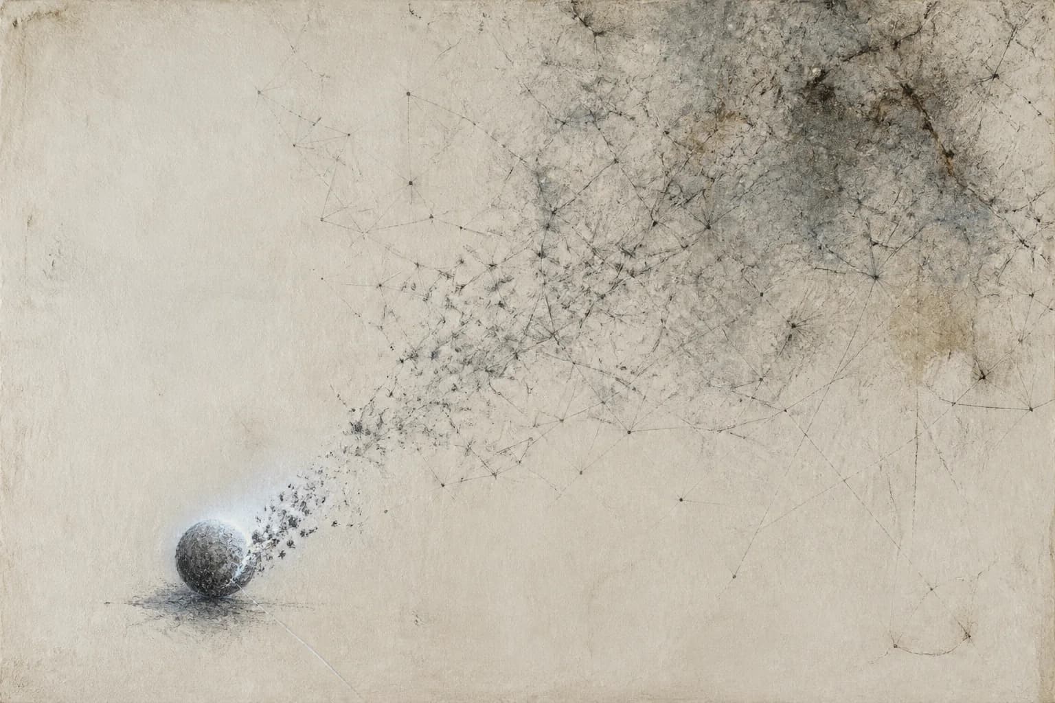 A solitary graphite sphere dissolves into a wide network of faint marks.
