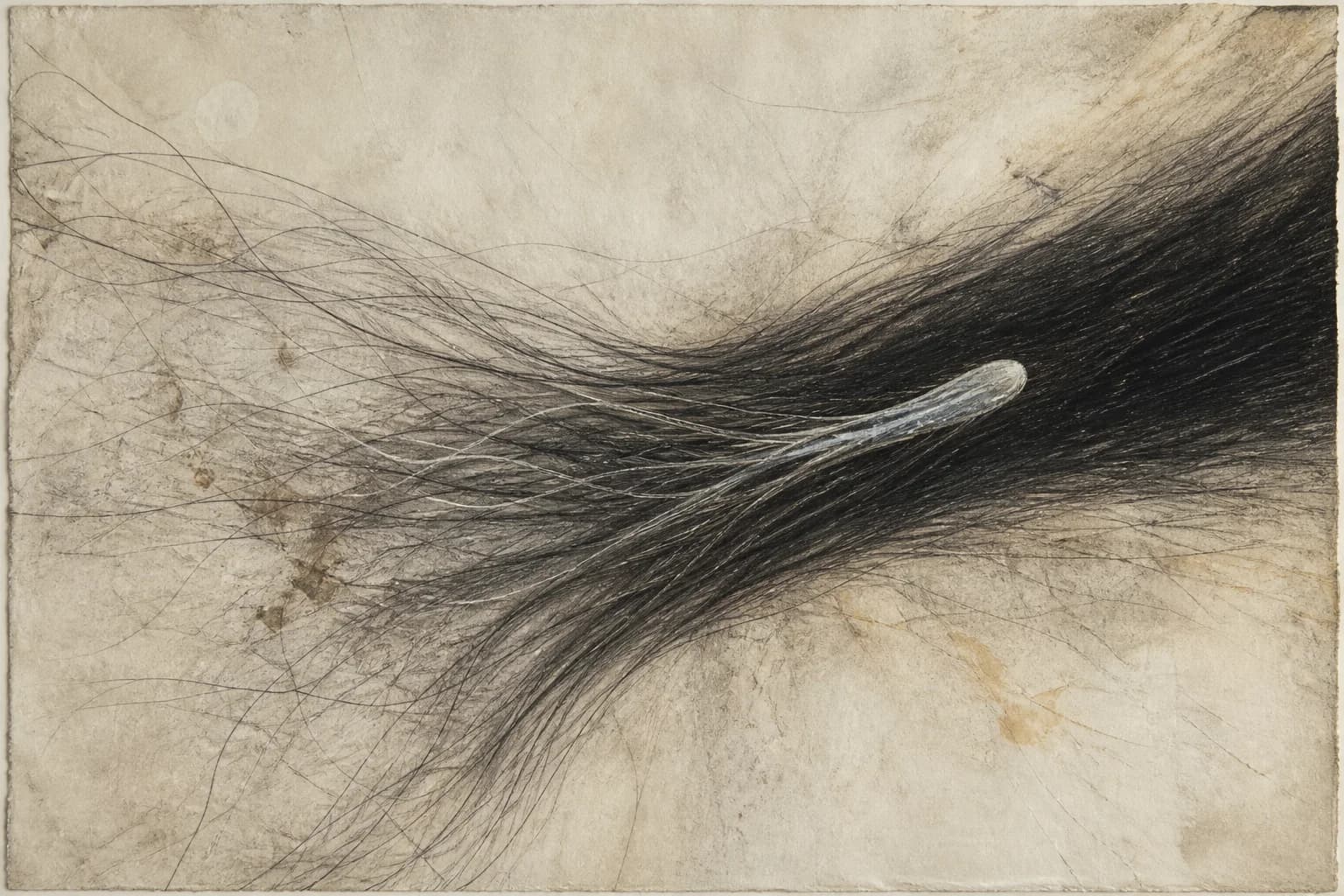 A pale form is drawn into a dense current of black charcoal filaments.
