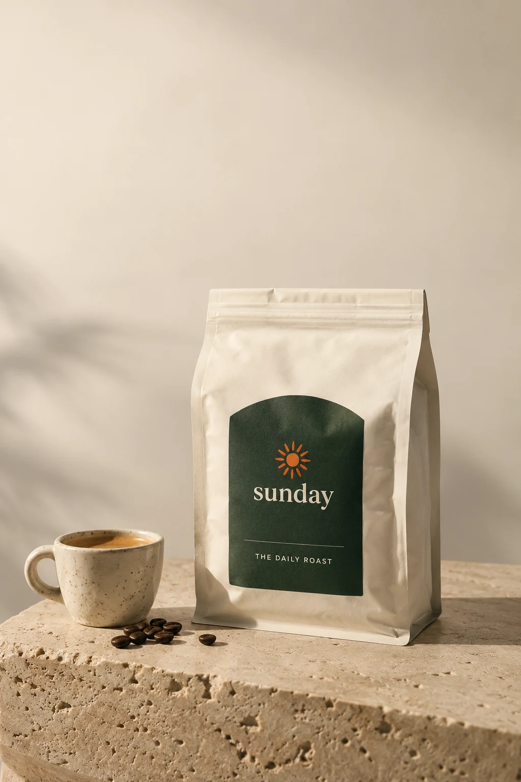 A Sunday Daily Roast coffee bag and espresso cup