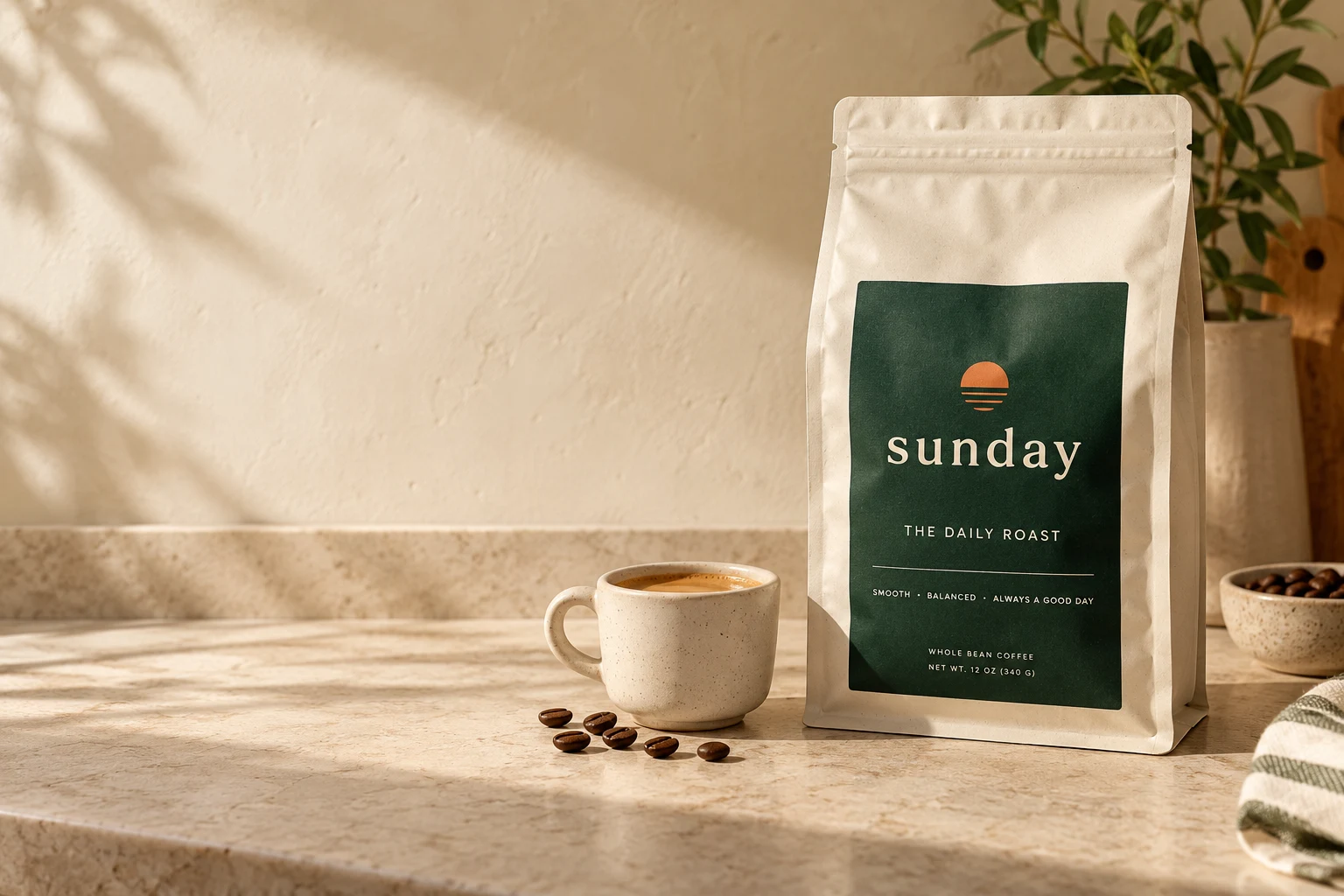 Sunday’s Daily Roast coffee bag beside a cup on a kitchen counter
